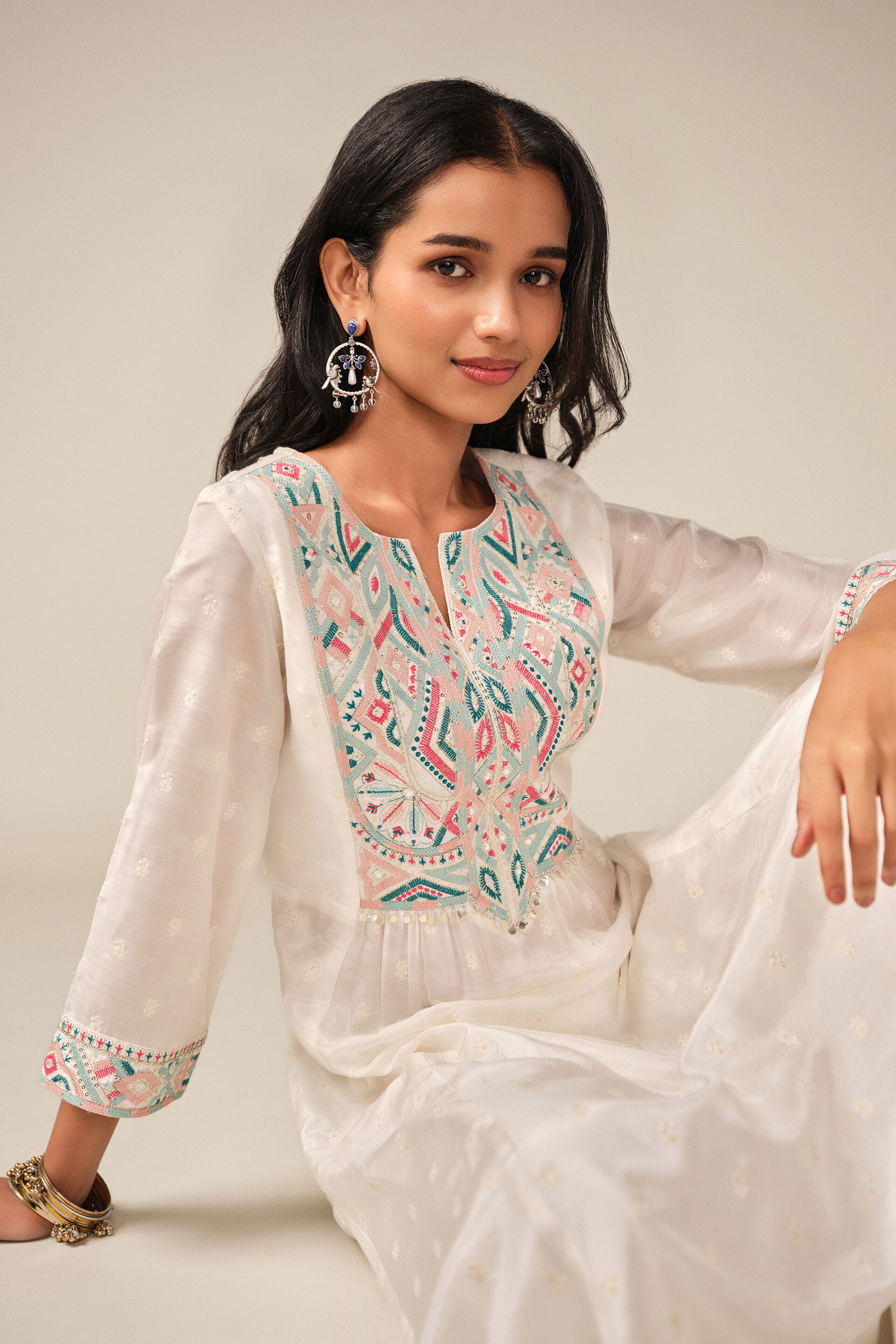 Embroidered Kurta Set in White, White, image 5